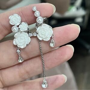 Elegant White Rose Drop Ear Bone Clips